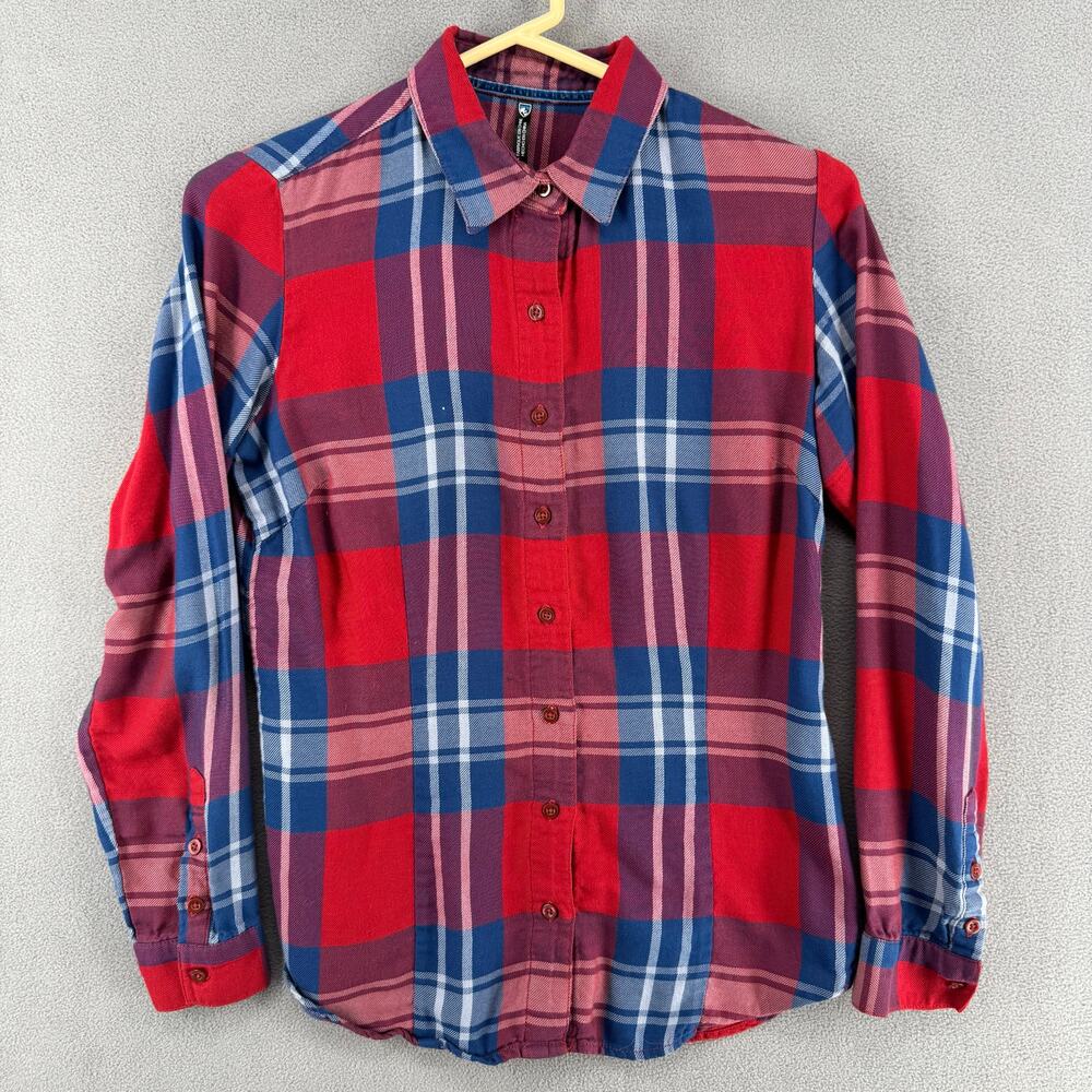 Kuhl Heritage Plaid Casual Flannel Button Up Shirt Womens XS Red Blue Outdoor
